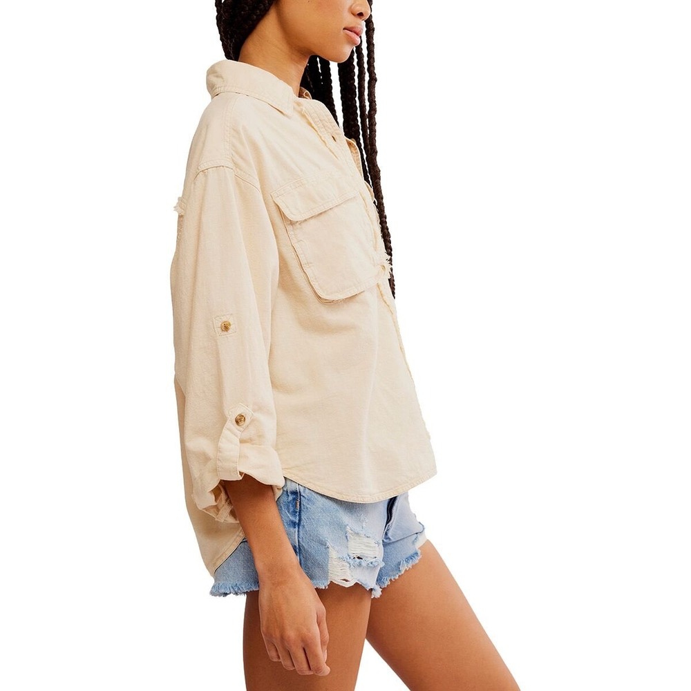 Free People We The Free Made For Sun Linen Shirt Cream Button Down Size Large - Picture 2 of 8